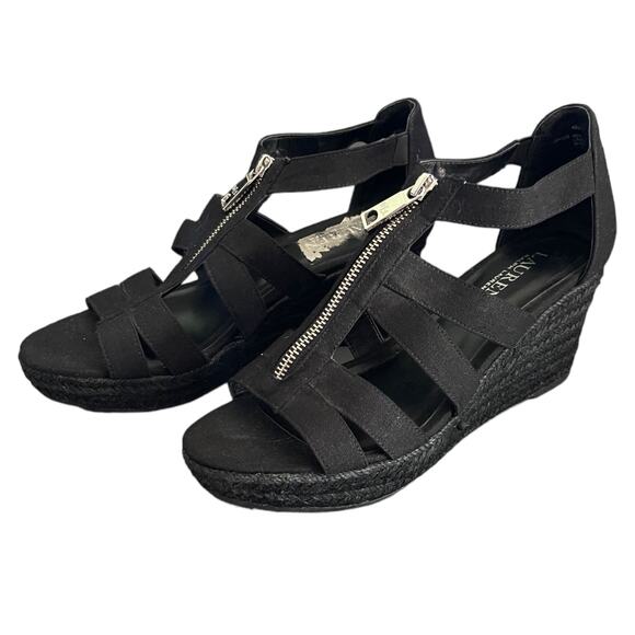 Ralph Lauren Black Espadrille Kelcie Cotton Linen Wedge Size 9 - Picture 1 of 8